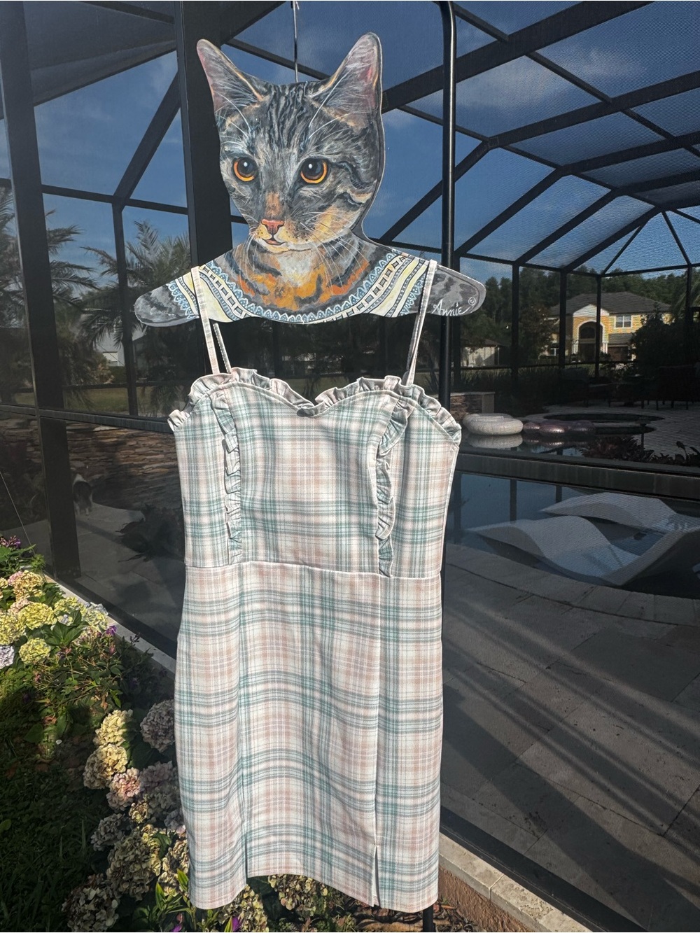 NWT Plaid Ruffle-Trim Mini Dress in Pastel Blue & Cream